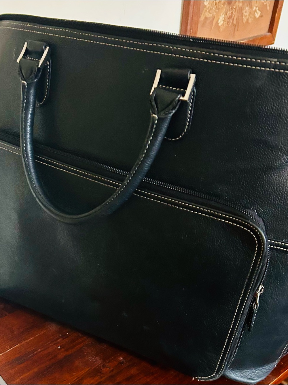 Levenger Black Leather Briefcase with Contrast Stitching